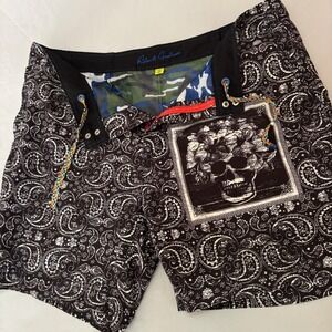 Robert Graham Board Shorts Mens 40 Black Paisley Skull Swim Trunks Excellent